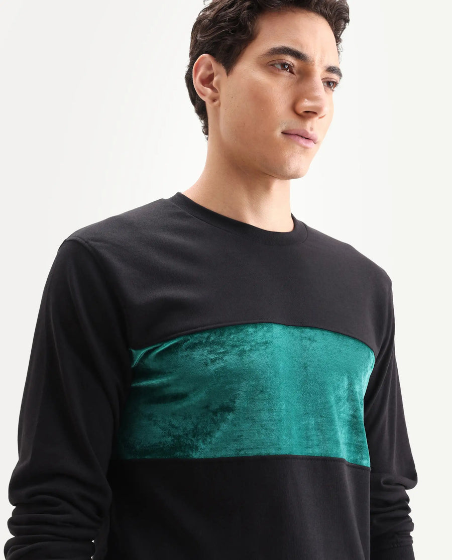 Rare Rabbit Men's Tide Black Velvet Ombre Regular Fit Full Sleeve Crew Neck Sweatshirt