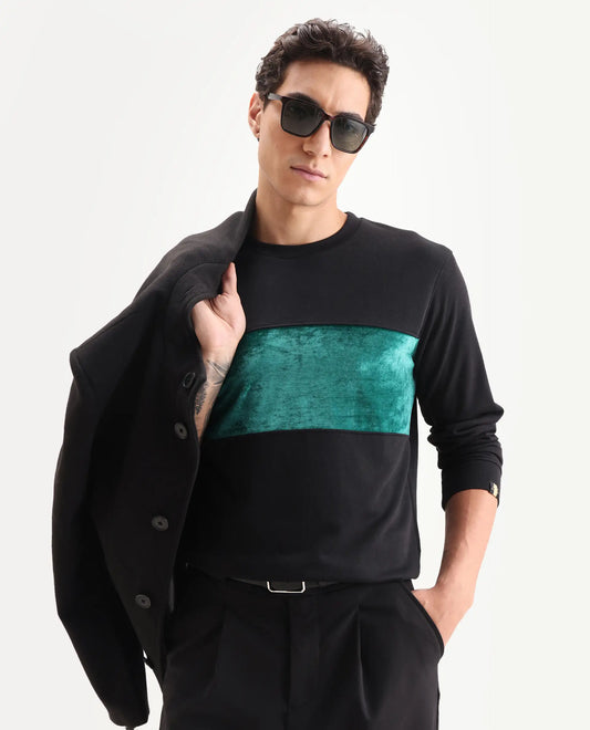 Rare Rabbit Men's Tide Black Velvet Ombre Regular Fit Full Sleeve Crew Neck Sweatshirt