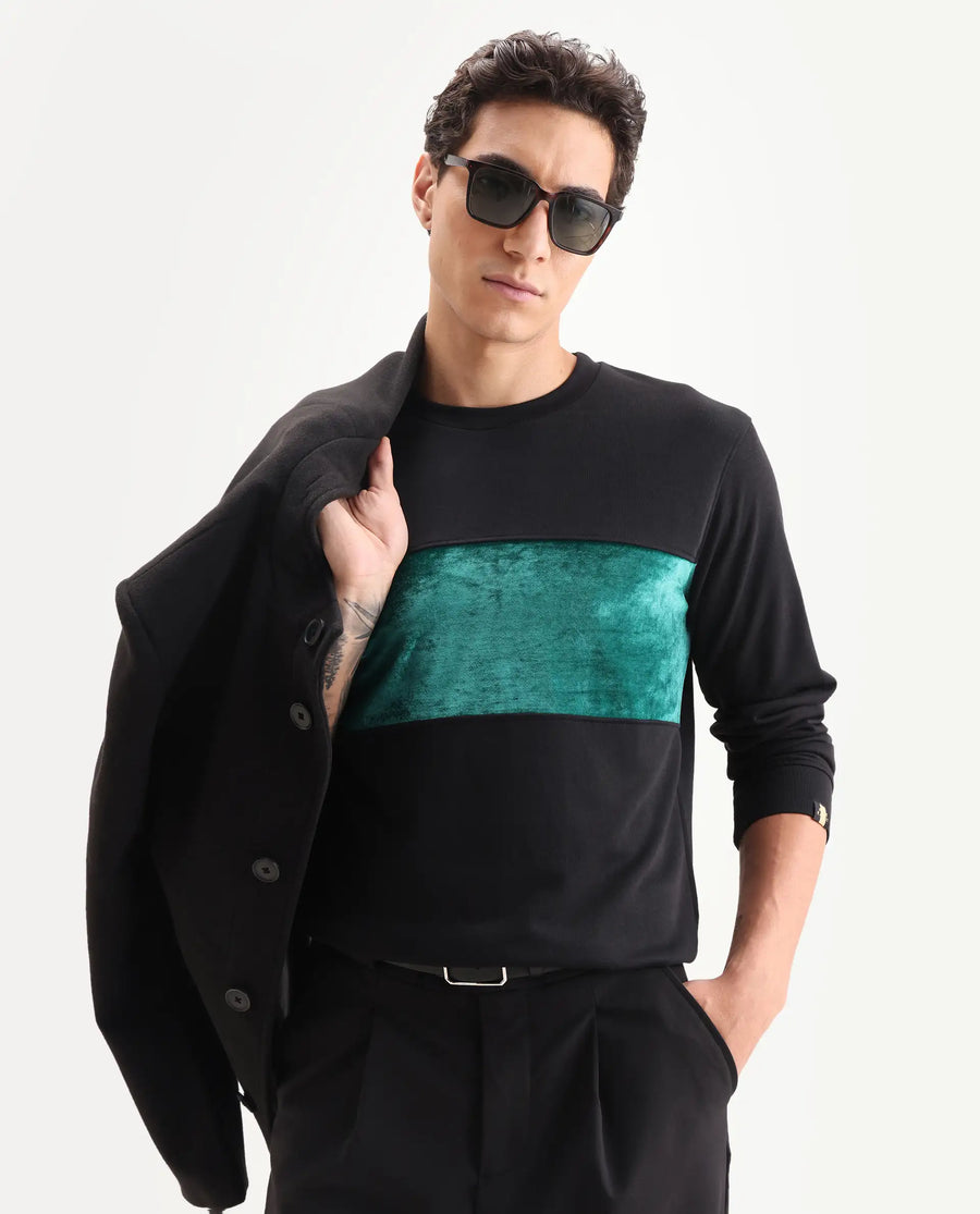 Rare Rabbit Men's Tide Black Velvet Ombre Regular Fit Full Sleeve Crew Neck Sweatshirt