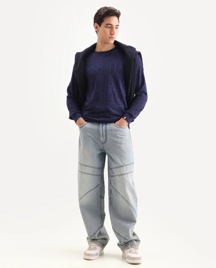 Rare Rabbit Men's Ensign Navy Cotton Graphic Print Regular Fit Full Sleeve Crew Neck Sweatshirt