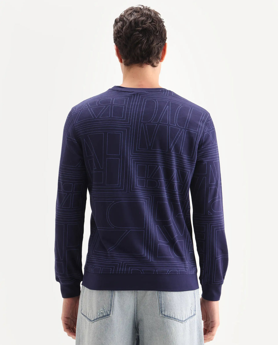 Rare Rabbit Men's Ensign Navy Cotton Graphic Print Regular Fit Full Sleeve Crew Neck Sweatshirt