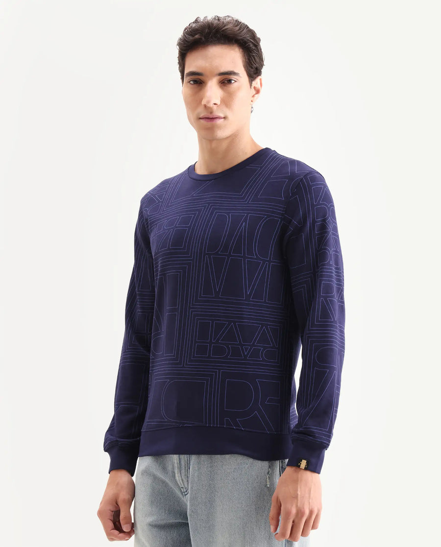 Rare Rabbit Men's Ensign Navy Cotton Graphic Print Regular Fit Full Sleeve Crew Neck Sweatshirt