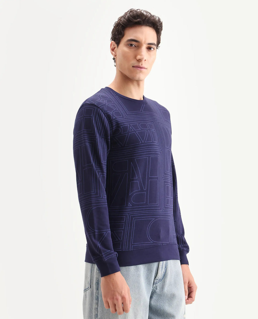 Rare Rabbit Men's Ensign Navy Cotton Graphic Print Regular Fit Full Sleeve Crew Neck Sweatshirt