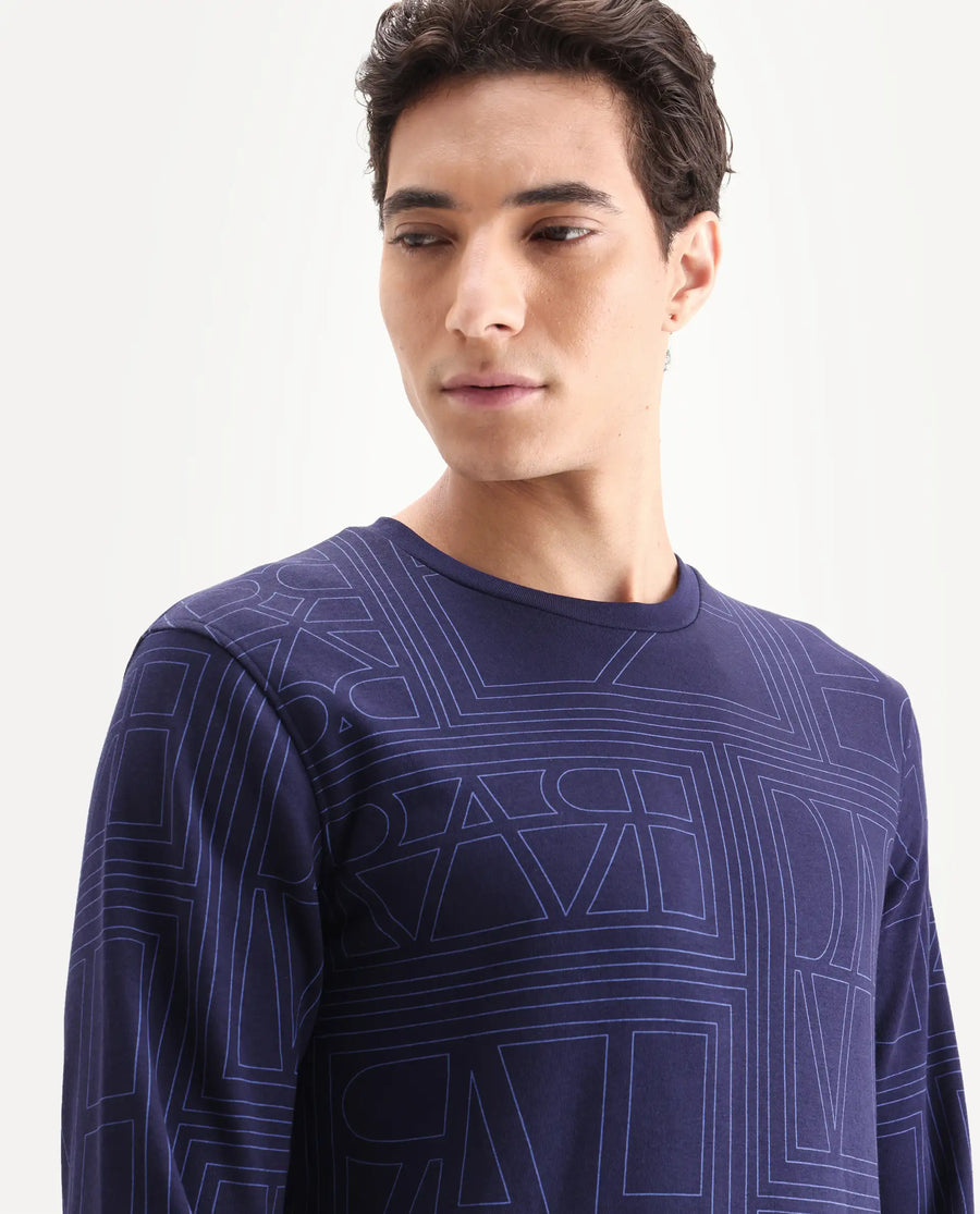 Rare Rabbit Men's Ensign Navy Cotton Graphic Print Regular Fit Full Sleeve Crew Neck Sweatshirt