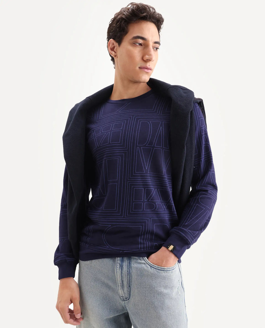Rare Rabbit Men's Ensign Navy Cotton Graphic Print Regular Fit Full Sleeve Crew Neck Sweatshirt
