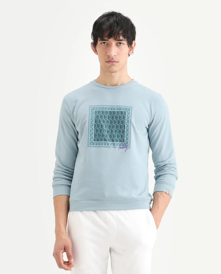 Rare Rabbit Men's Totem Light Turq Cotton Graphic Print Regular Fit Full Sleeve Crew Neck Sweatshirt