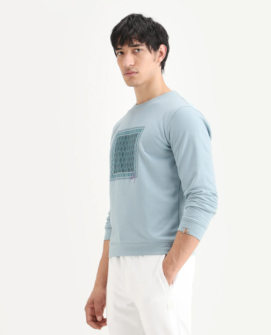 Rare Rabbit Men's Totem Light Turq Cotton Graphic Print Regular Fit Full Sleeve Crew Neck Sweatshirt