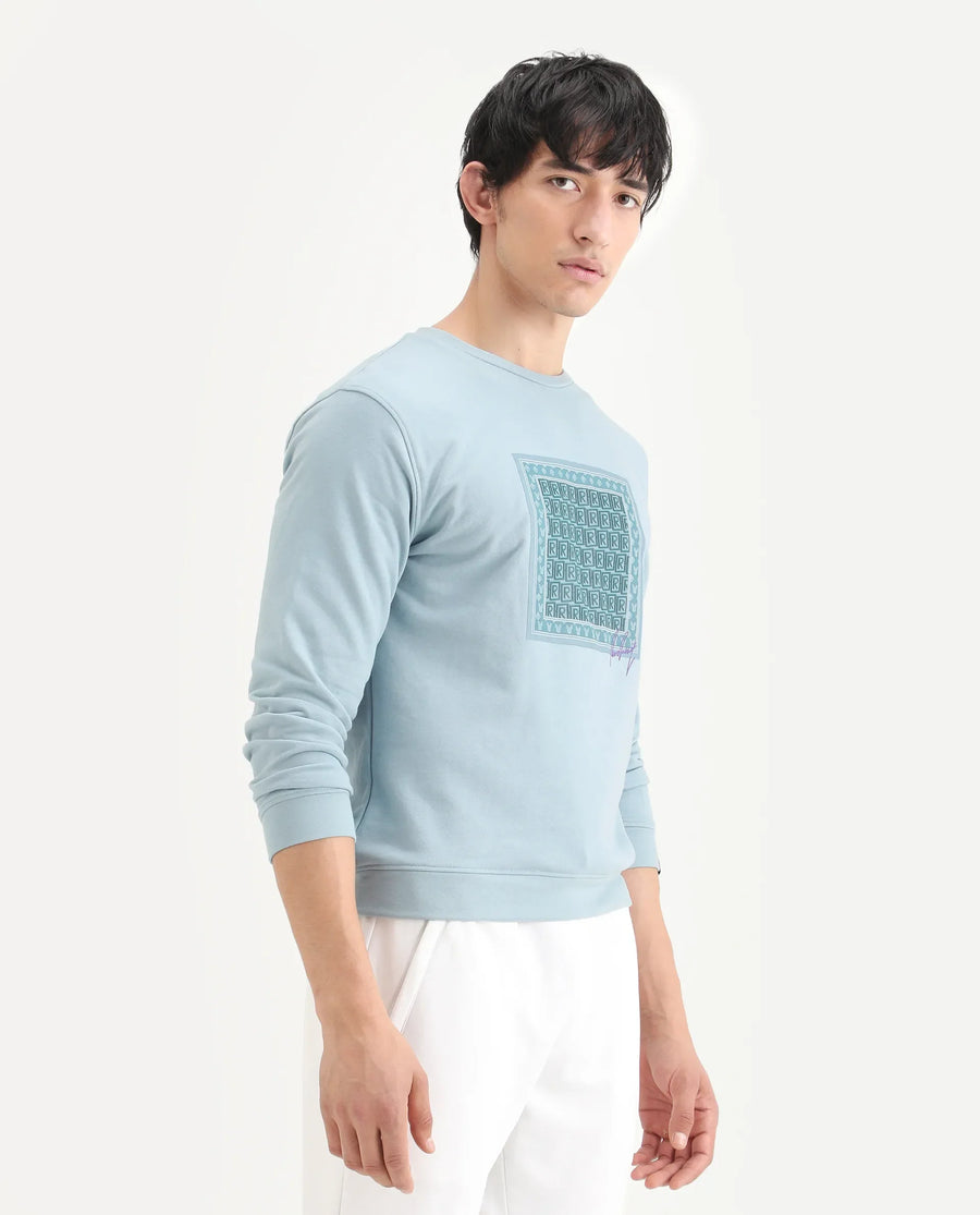 Rare Rabbit Men's Totem Light Turq Cotton Graphic Print Regular Fit Full Sleeve Crew Neck Sweatshirt