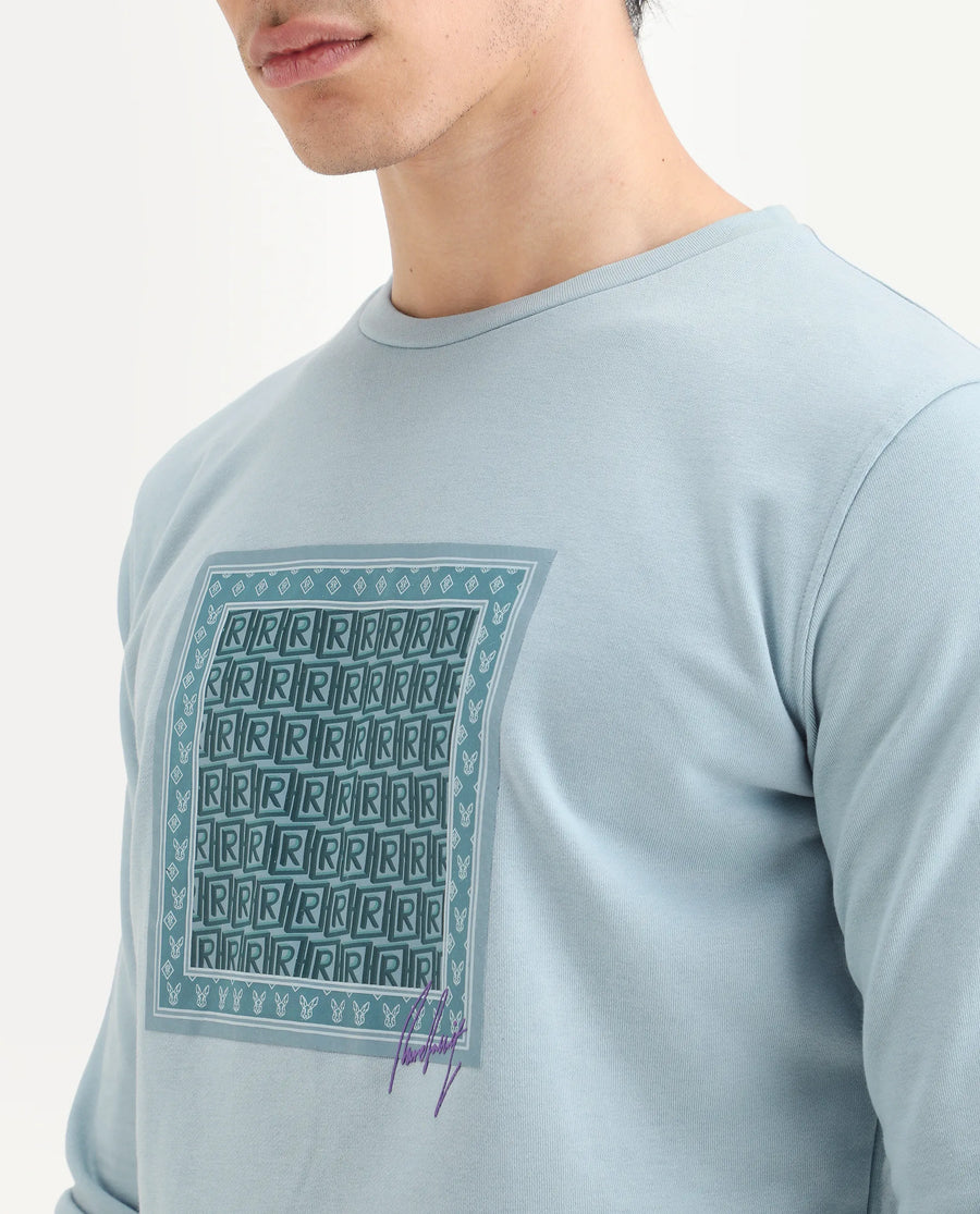 Rare Rabbit Men's Totem Light Turq Cotton Graphic Print Regular Fit Full Sleeve Crew Neck Sweatshirt