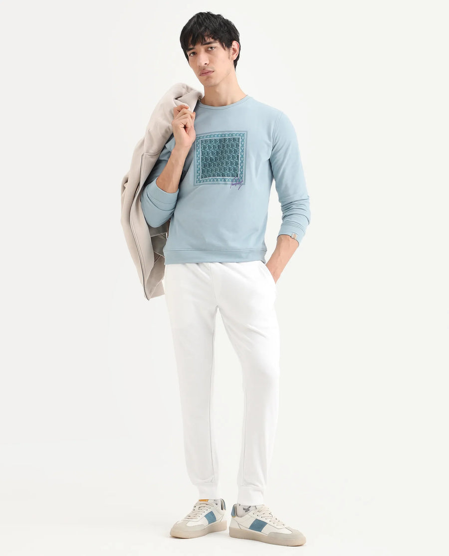 Rare Rabbit Men's Totem Light Turq Cotton Graphic Print Regular Fit Full Sleeve Crew Neck Sweatshirt