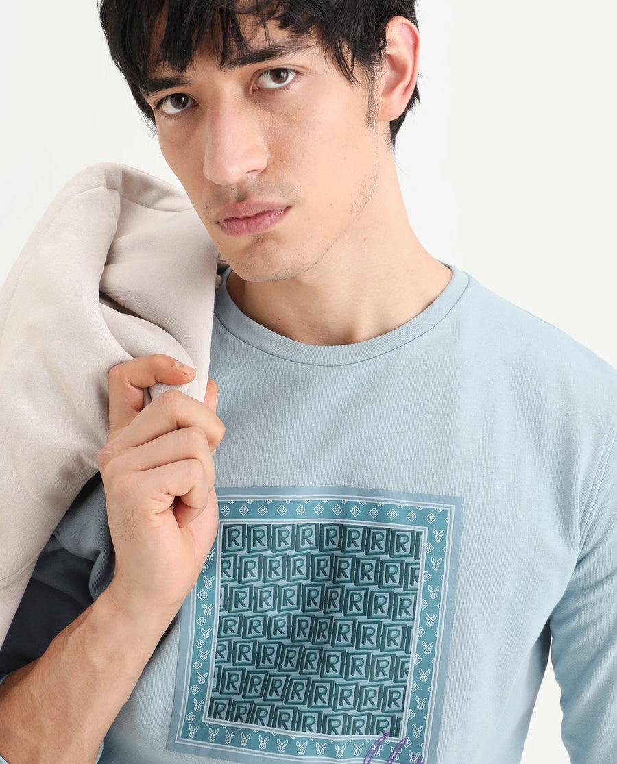 Rare Rabbit Men's Totem Light Turq Cotton Graphic Print Regular Fit Full Sleeve Crew Neck Sweatshirt