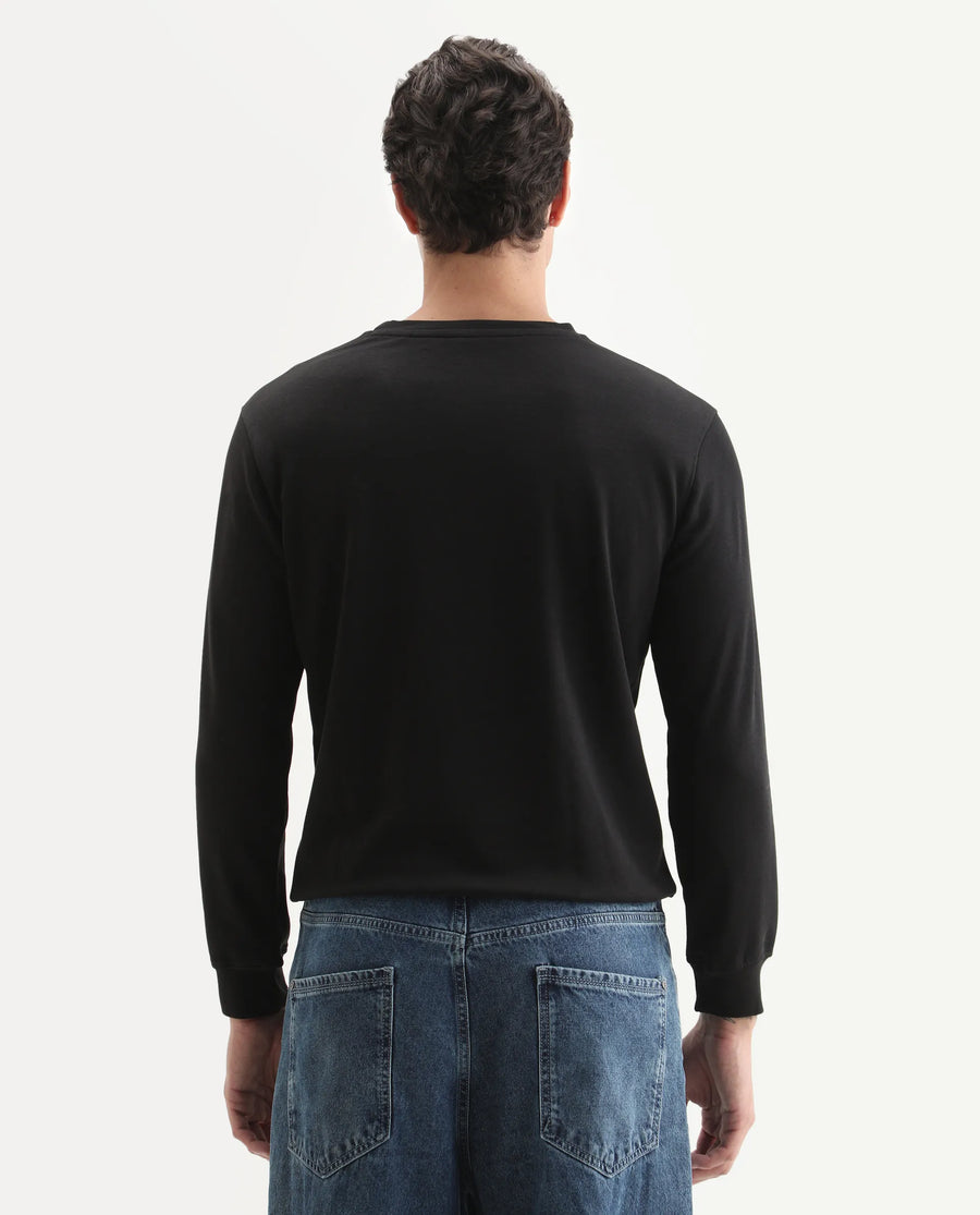 Rare Rabbit Men's Glitch Black Cotton Plain Regular Fit Full Sleeve Crew Neck Sweatshirt