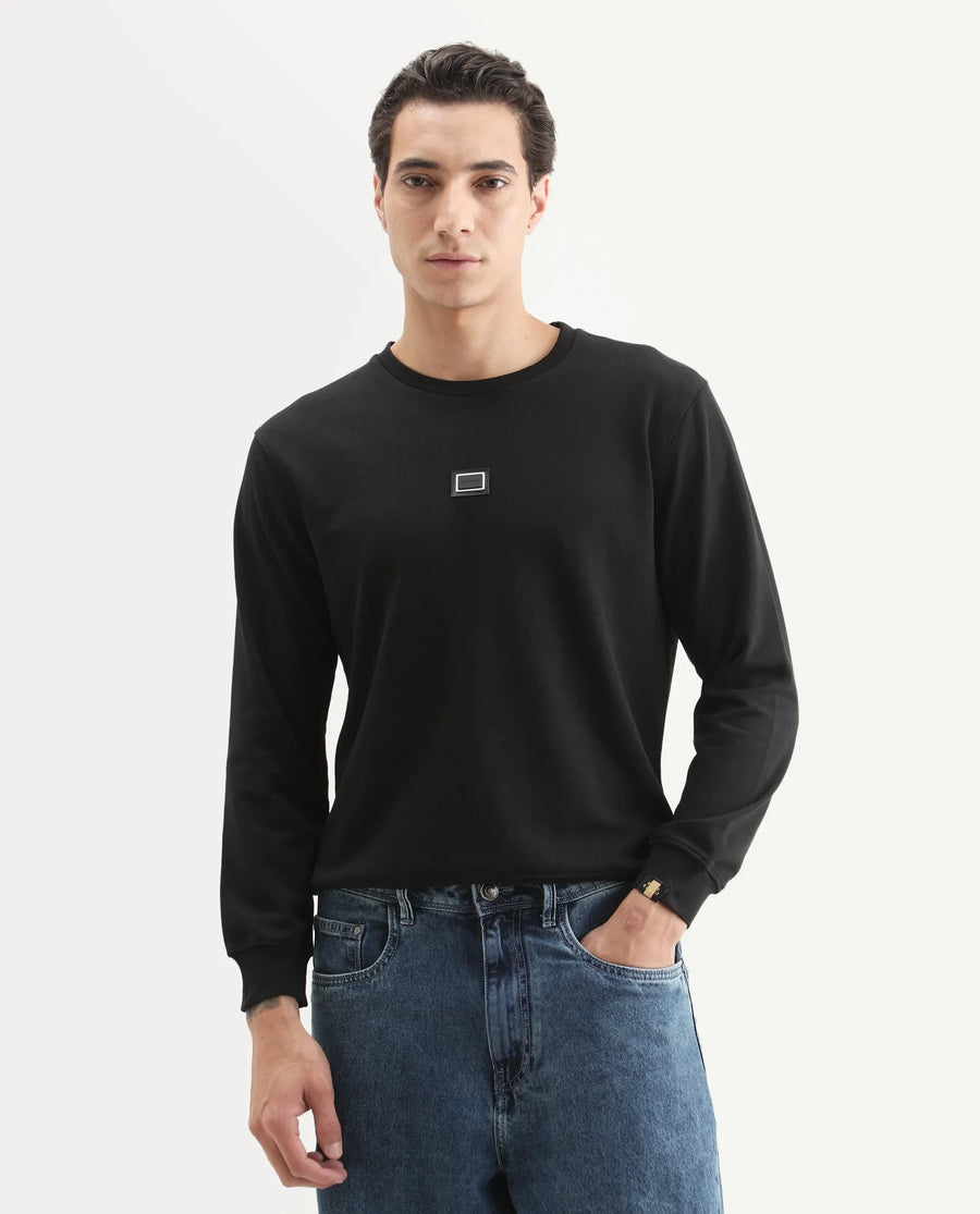 Rare Rabbit Men's Glitch Black Cotton Plain Regular Fit Full Sleeve Crew Neck Sweatshirt