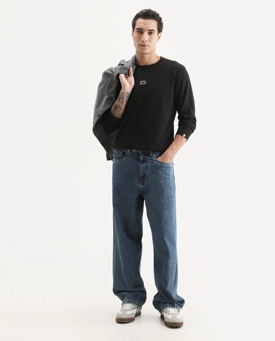 Rare Rabbit Men's Glitch Black Cotton Plain Regular Fit Full Sleeve Crew Neck Sweatshirt