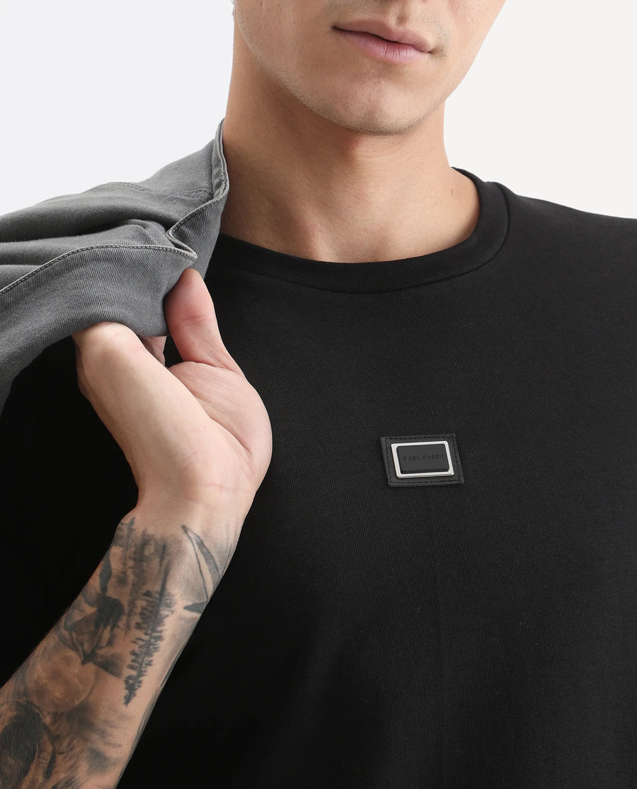 Rare Rabbit Men's Glitch Black Cotton Plain Regular Fit Full Sleeve Crew Neck Sweatshirt