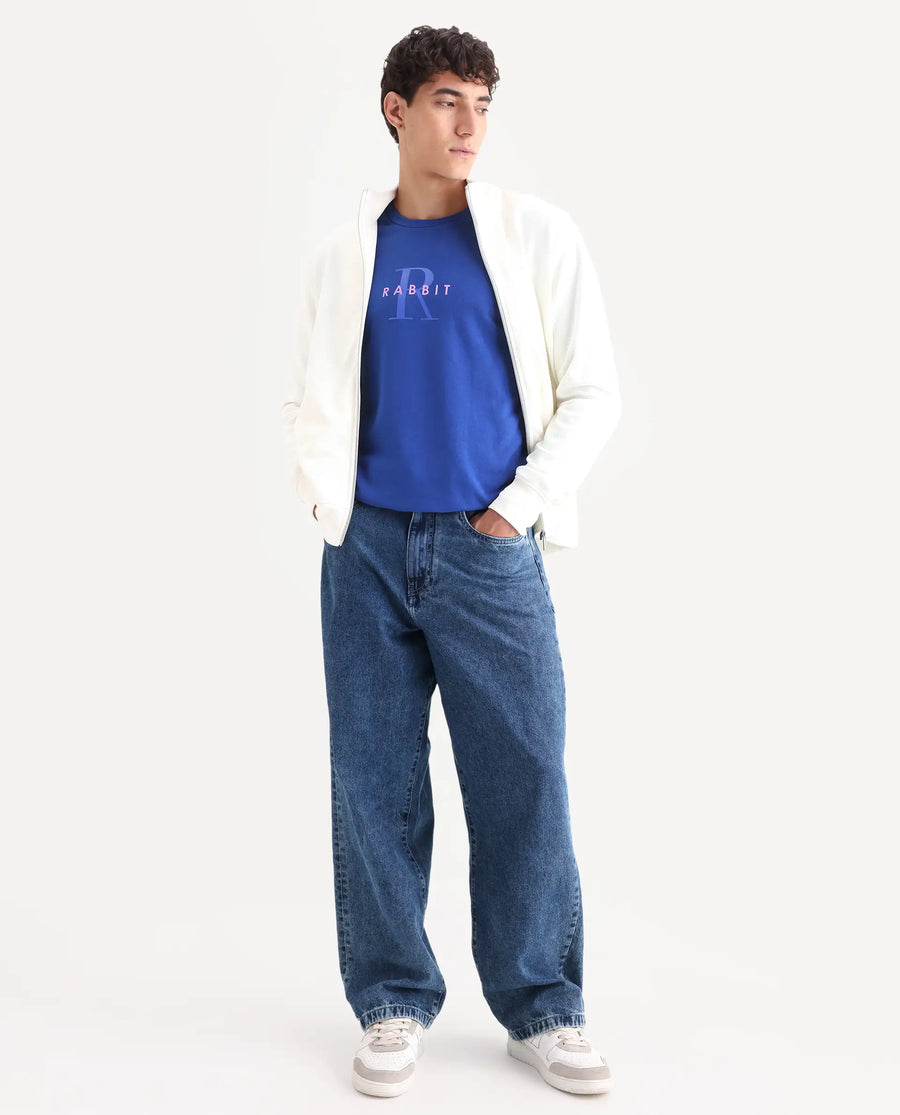 Rare Rabbit Men's Brewet Flouroscent Blue Cotton Graphic Print Regular Fit Full Sleeve Crew Neck Sweatshirt