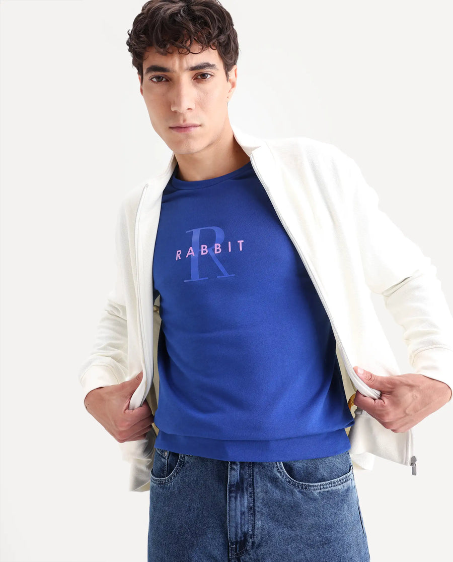 Rare Rabbit Men's Brewet Flouroscent Blue Cotton Graphic Print Regular Fit Full Sleeve Crew Neck Sweatshirt
