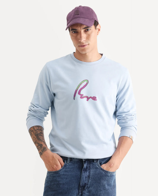 Rare Rabbit Men's Toon Light Blue Cotton Graphic Print Regular Fit Full Sleeve Crew Neck Sweatshirt