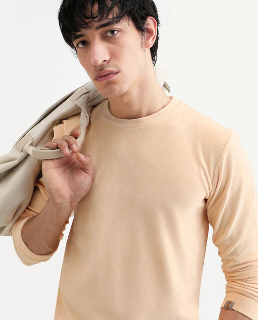 Rare Rabbit Men's Dube Yellow Velvet Plain Relaxed Fit Full Sleeve Crew Neck Sweatshirt