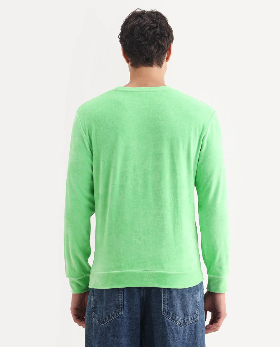 Rare Rabbit Men's Dube Green Velvet Plain Relaxed Fit Full Sleeve Crew Neck Sweatshirt