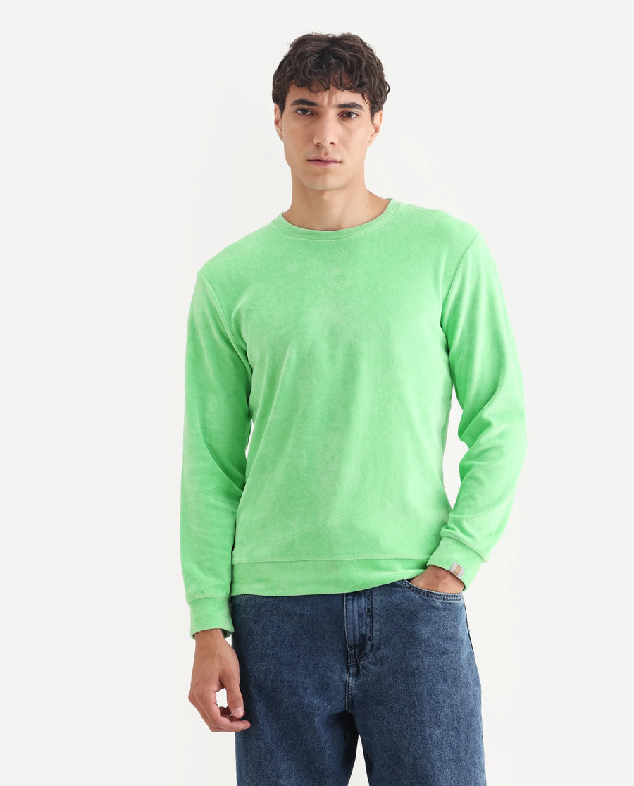 Rare Rabbit Men's Dube Green Velvet Plain Relaxed Fit Full Sleeve Crew Neck Sweatshirt
