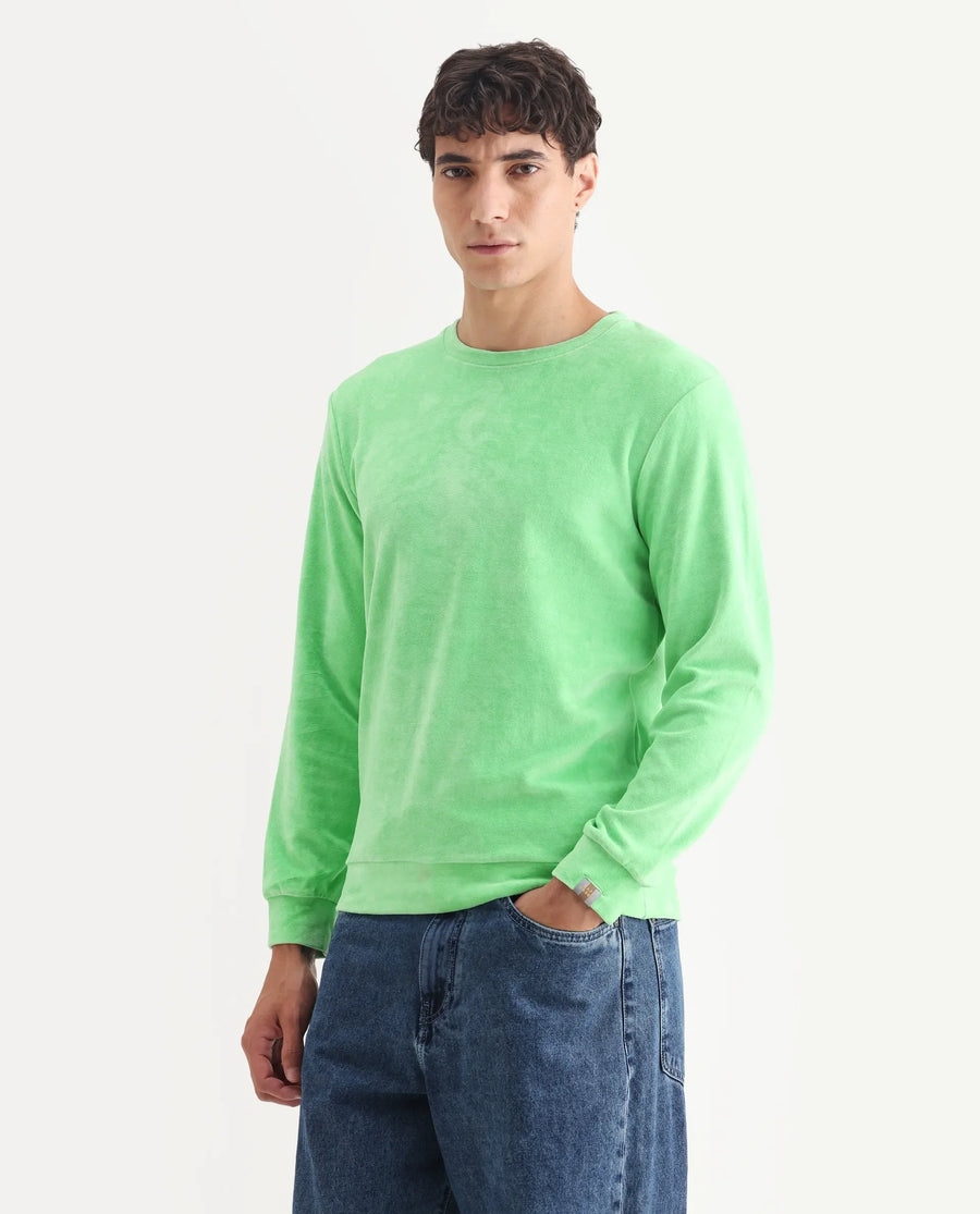 Rare Rabbit Men's Dube Green Velvet Plain Relaxed Fit Full Sleeve Crew Neck Sweatshirt