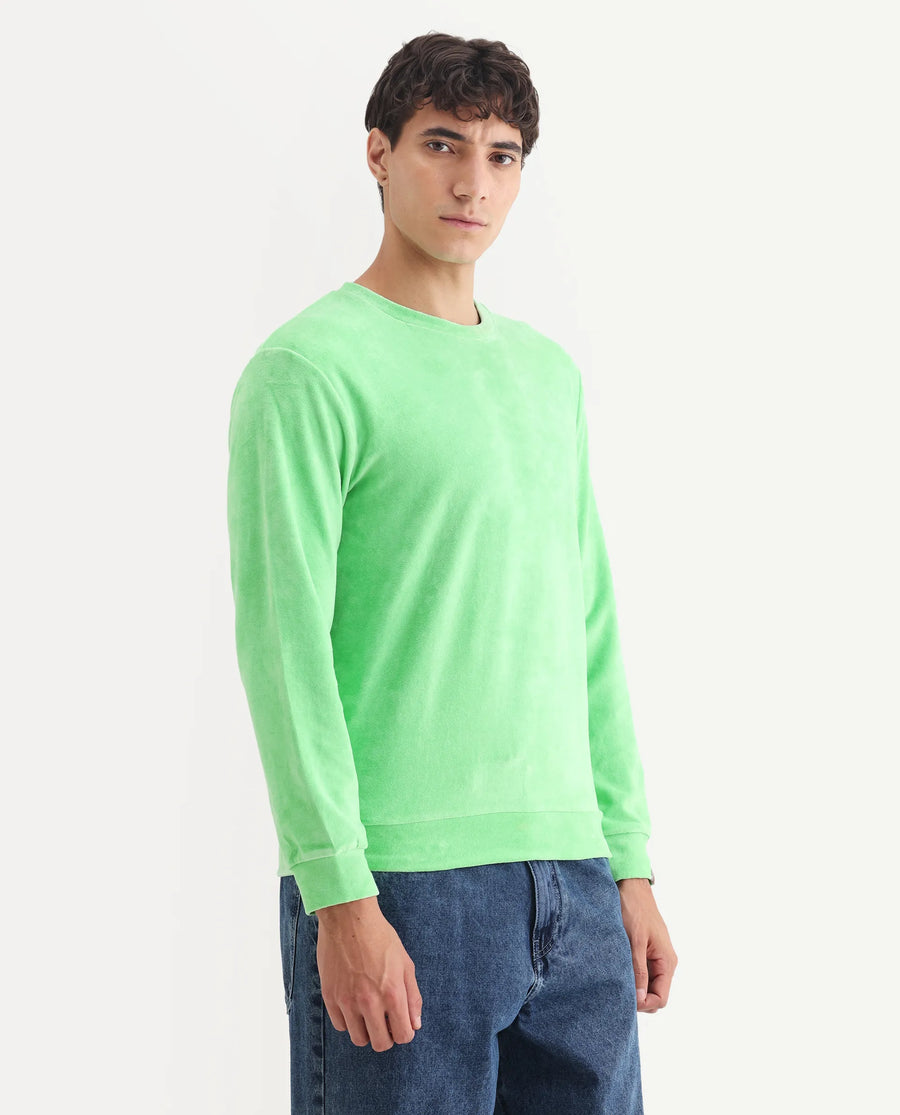 Rare Rabbit Men's Dube Green Velvet Plain Relaxed Fit Full Sleeve Crew Neck Sweatshirt