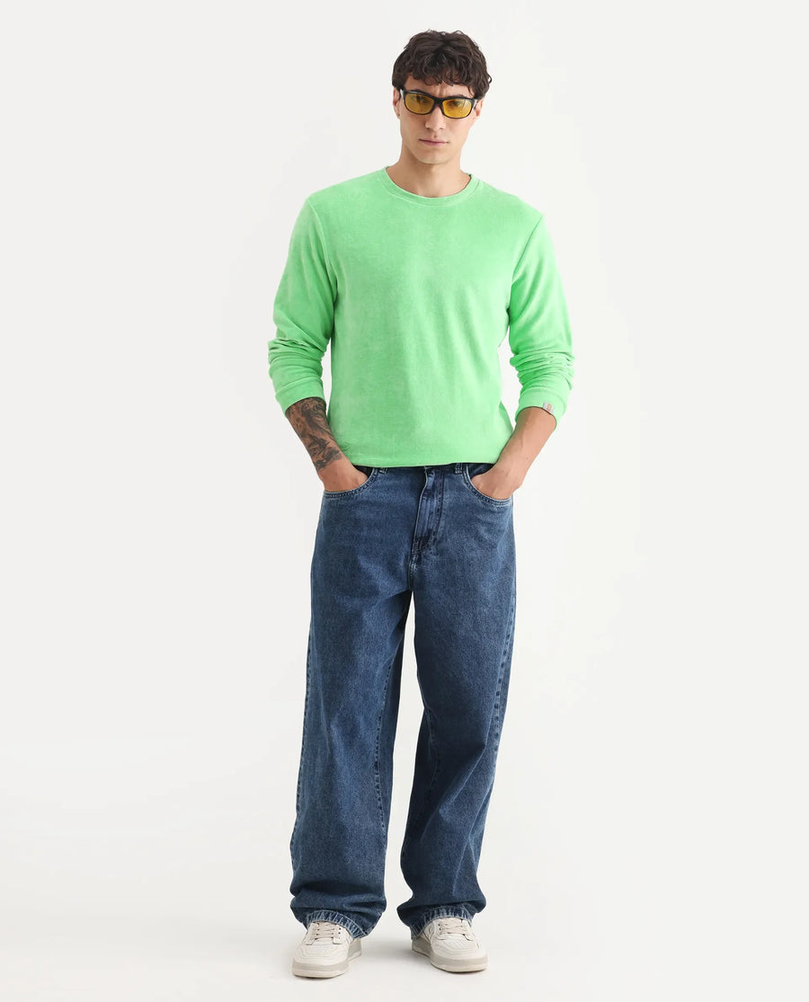 Rare Rabbit Men's Dube Green Velvet Plain Relaxed Fit Full Sleeve Crew Neck Sweatshirt