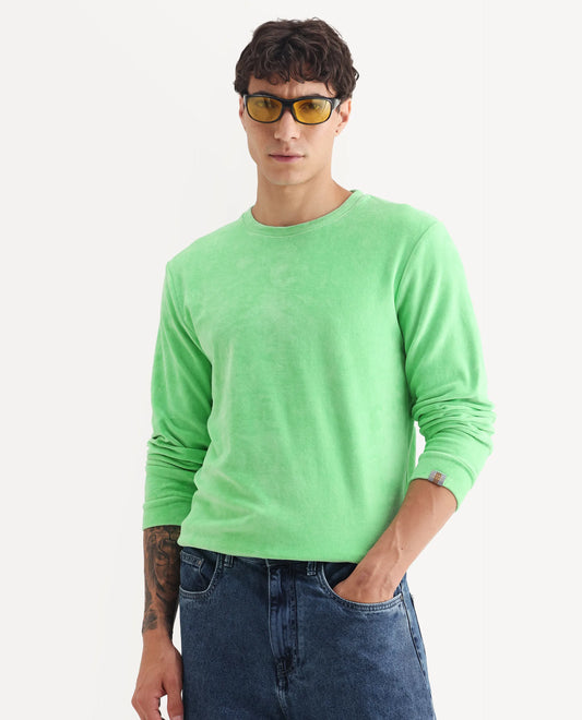Rare Rabbit Men's Dube Green Velvet Plain Relaxed Fit Full Sleeve Crew Neck Sweatshirt