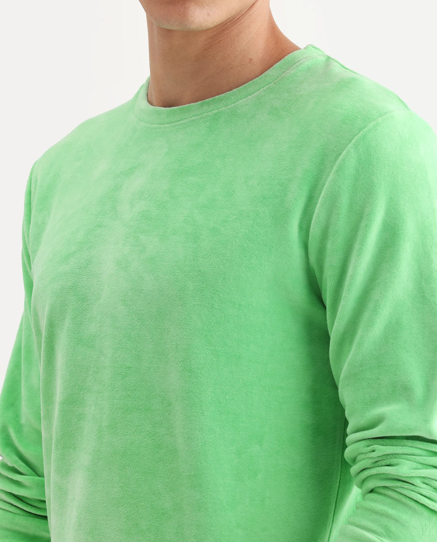 Rare Rabbit Men's Dube Green Velvet Plain Relaxed Fit Full Sleeve Crew Neck Sweatshirt