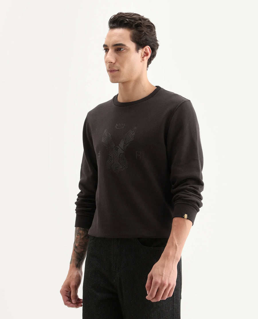Rare Rabbit Men's Voir Dark Maroon Cotton Graphic Print Regular Fit Full Sleeve Crew Neck Sweatshirt
