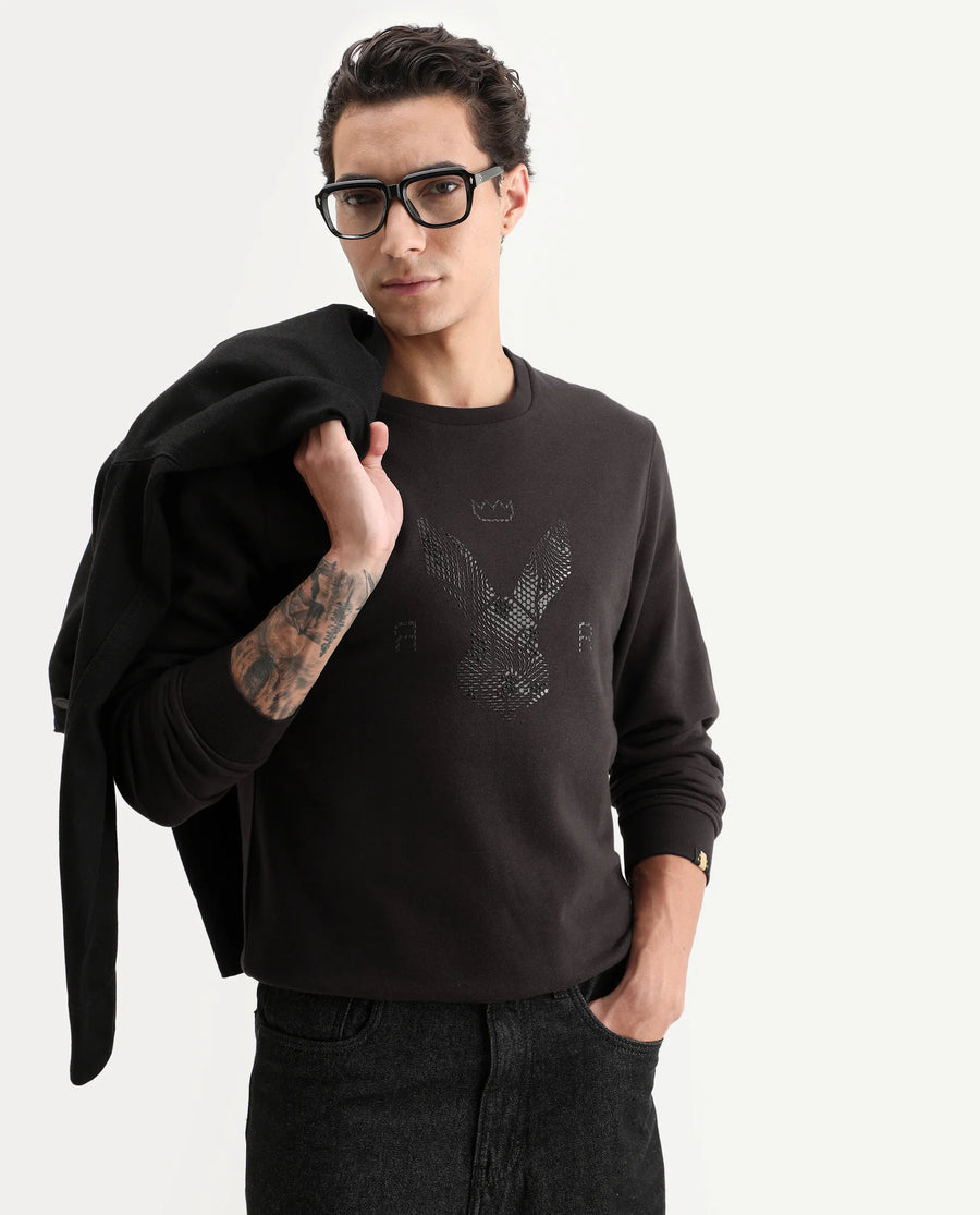 Rare Rabbit Men's Voir Dark Maroon Cotton Graphic Print Regular Fit Full Sleeve Crew Neck Sweatshirt