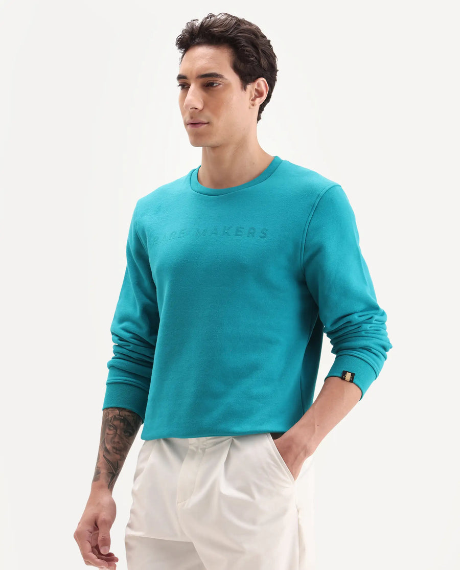 Rare Rabbit Men's Marko Petrol Cotton Graphic Print Regular Fit Full Sleeve Crew Neck Sweatshirt