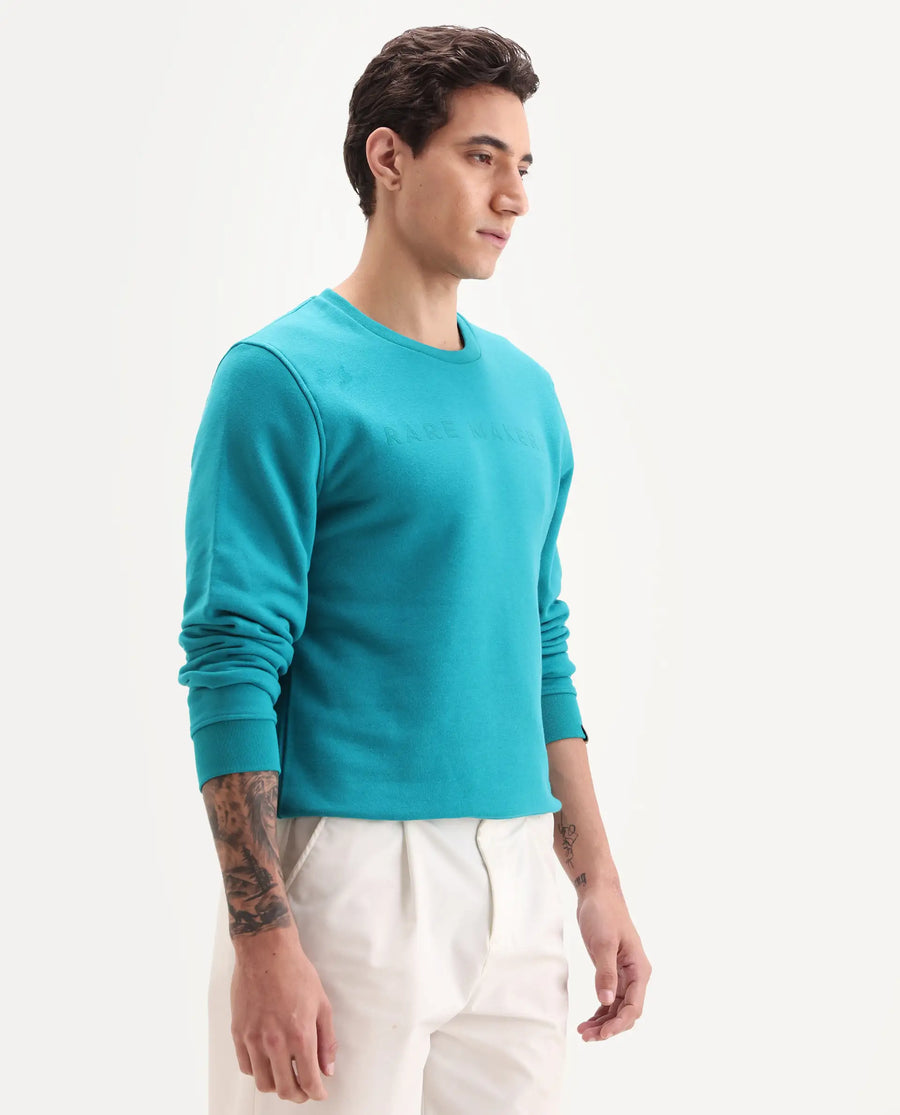Rare Rabbit Men's Marko Petrol Cotton Graphic Print Regular Fit Full Sleeve Crew Neck Sweatshirt