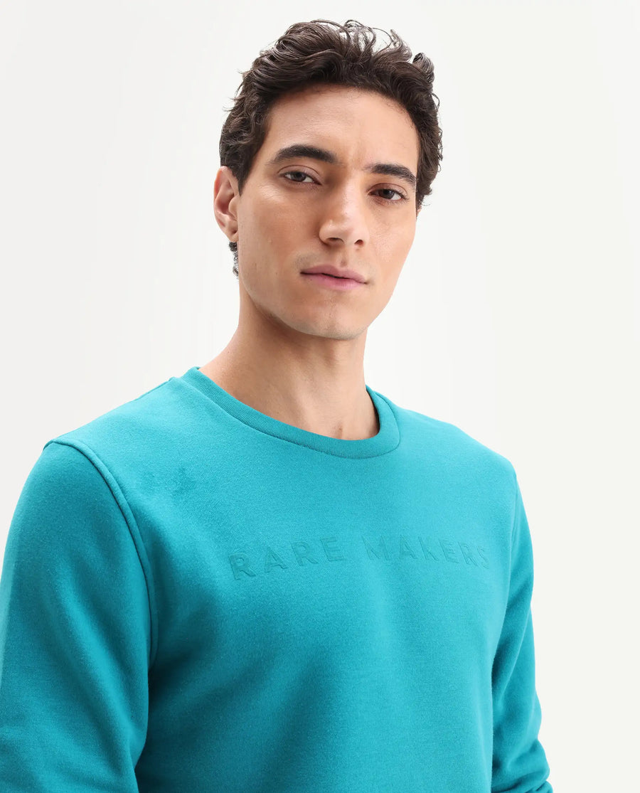 Rare Rabbit Men's Marko Petrol Cotton Graphic Print Regular Fit Full Sleeve Crew Neck Sweatshirt