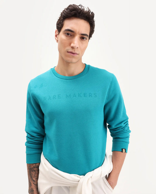 Rare Rabbit Men's Marko Petrol Cotton Graphic Print Regular Fit Full Sleeve Crew Neck Sweatshirt