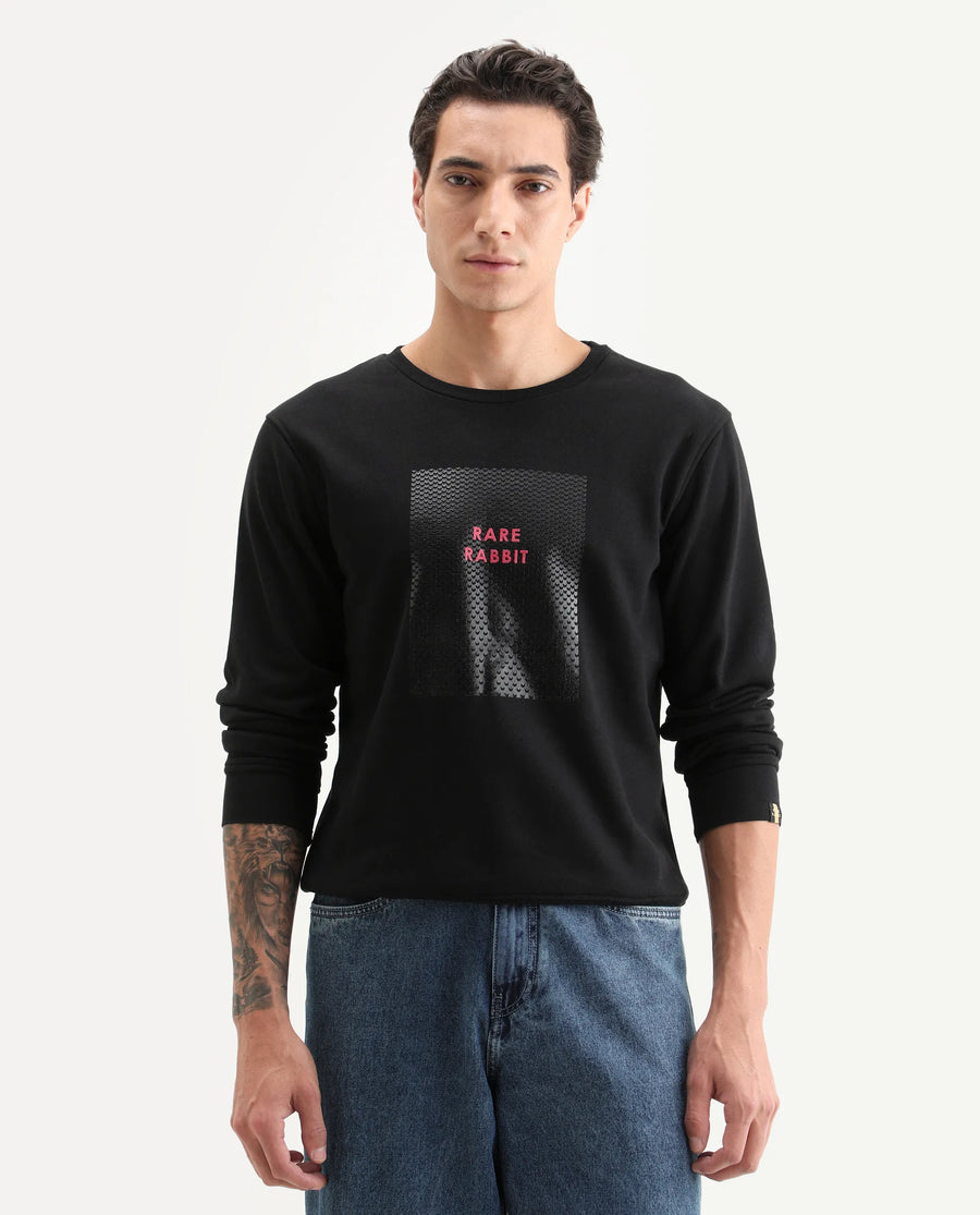Rare Rabbit Men's Osin Black Cotton Graphic Print Relaxed Fit Full Sleeve Crew Neck Sweatshirt