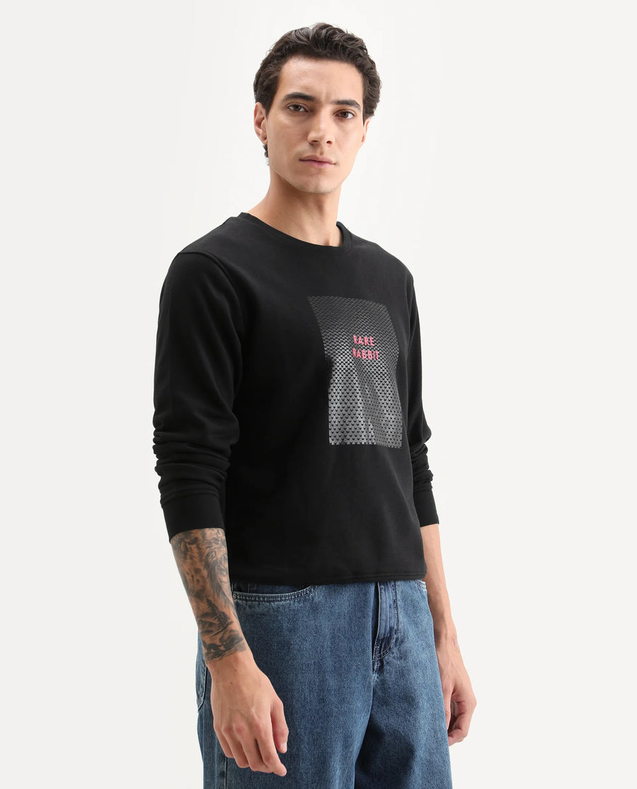 Rare Rabbit Men's Osin Black Cotton Graphic Print Relaxed Fit Full Sleeve Crew Neck Sweatshirt