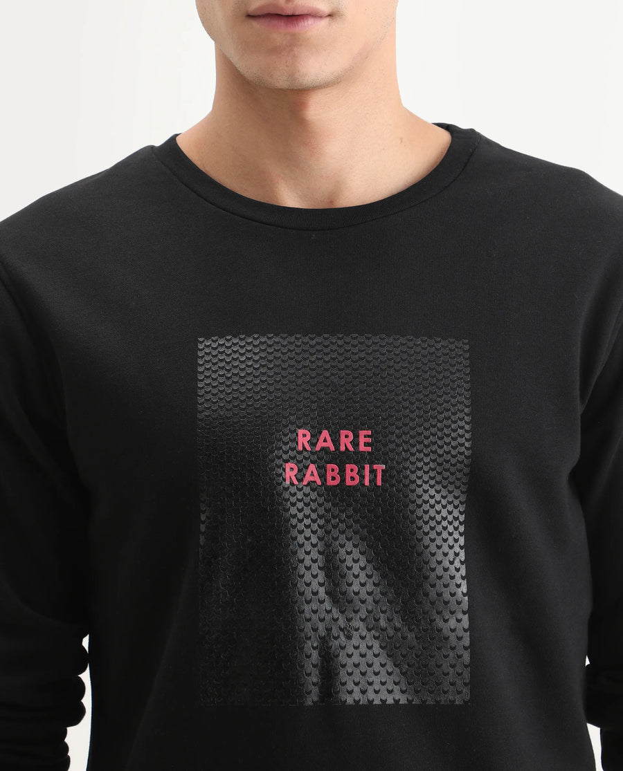 Rare Rabbit Men's Osin Black Cotton Graphic Print Relaxed Fit Full Sleeve Crew Neck Sweatshirt