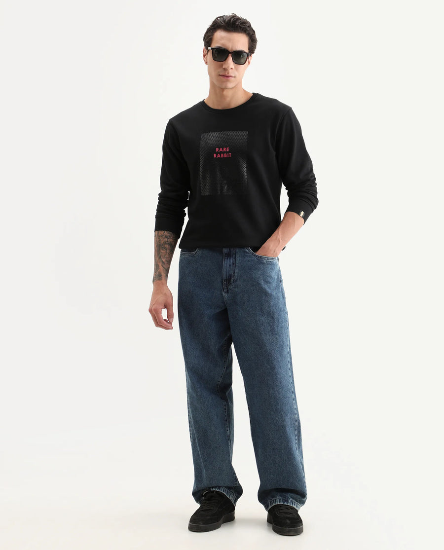 Rare Rabbit Men's Osin Black Cotton Graphic Print Relaxed Fit Full Sleeve Crew Neck Sweatshirt