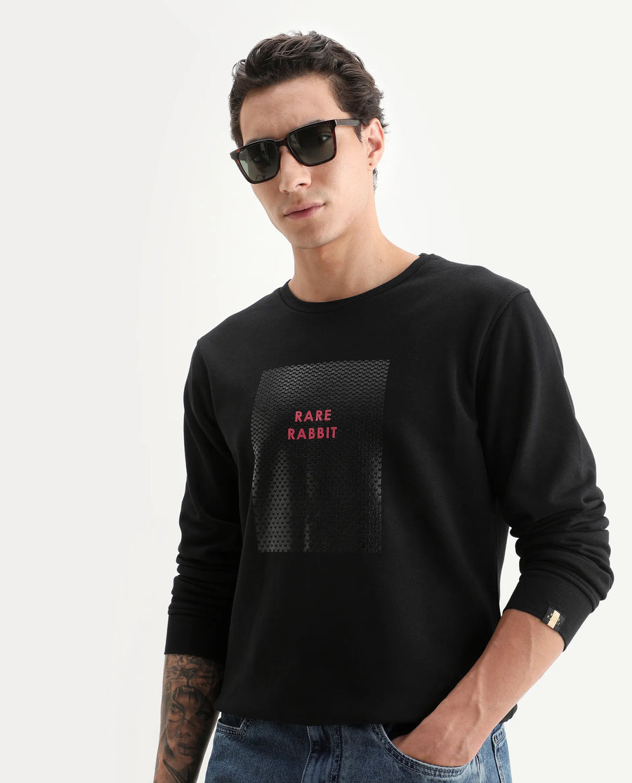 Rare Rabbit Men's Osin Black Cotton Graphic Print Relaxed Fit Full Sleeve Crew Neck Sweatshirt