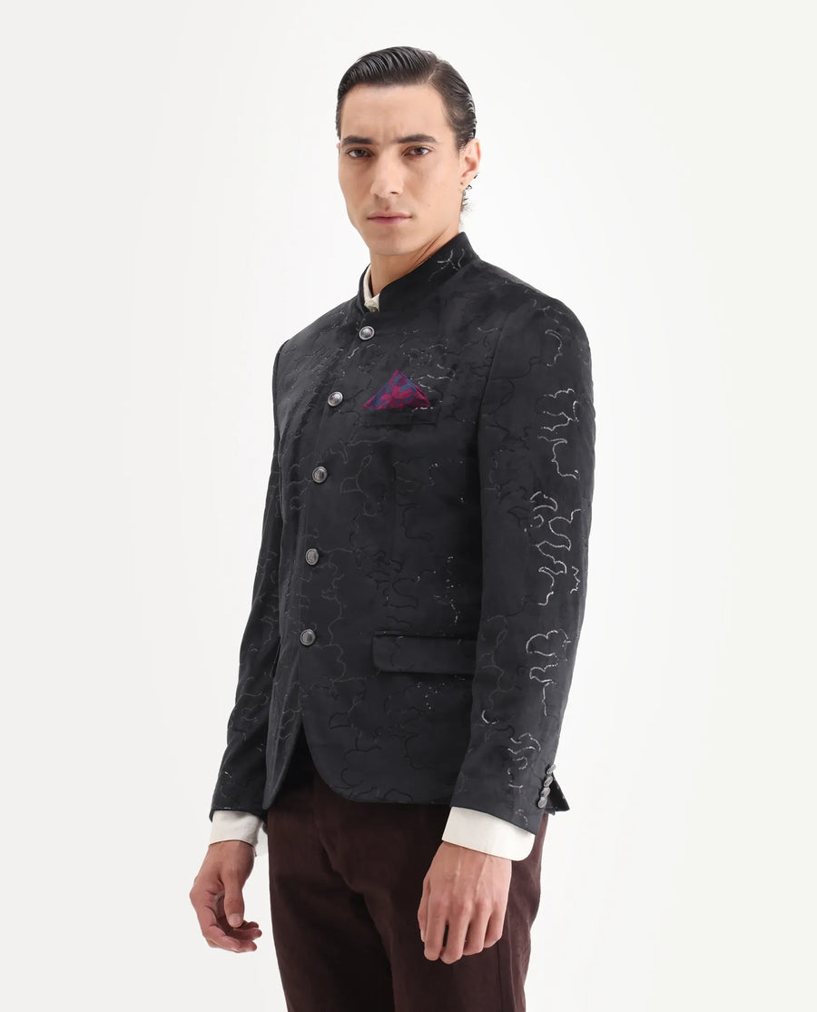 Rare Rabbit Men's Caldy Black Velvet Embellished Tailored Fit Full Sleeve Mandarin Collar Bandhgala Jodhpuri
