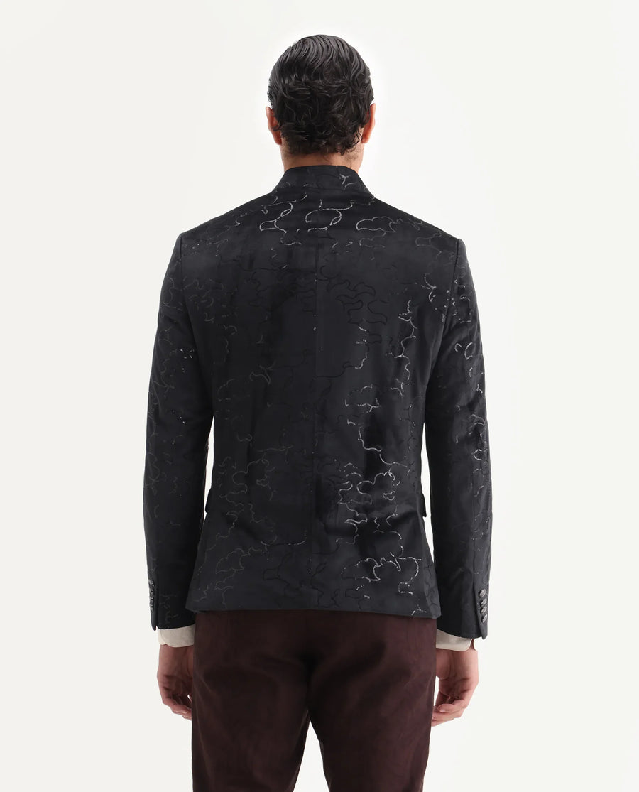 Rare Rabbit Men's Caldy Black Velvet Embellished Tailored Fit Full Sleeve Mandarin Collar Bandhgala Jodhpuri