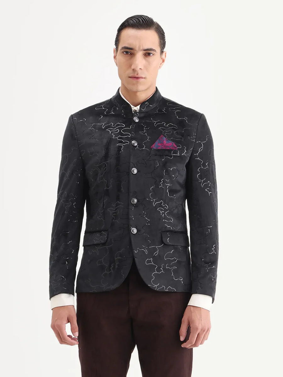 Rare Rabbit Men's Caldy Black Velvet Embellished Tailored Fit Full Sleeve Mandarin Collar Bandhgala Jodhpuri