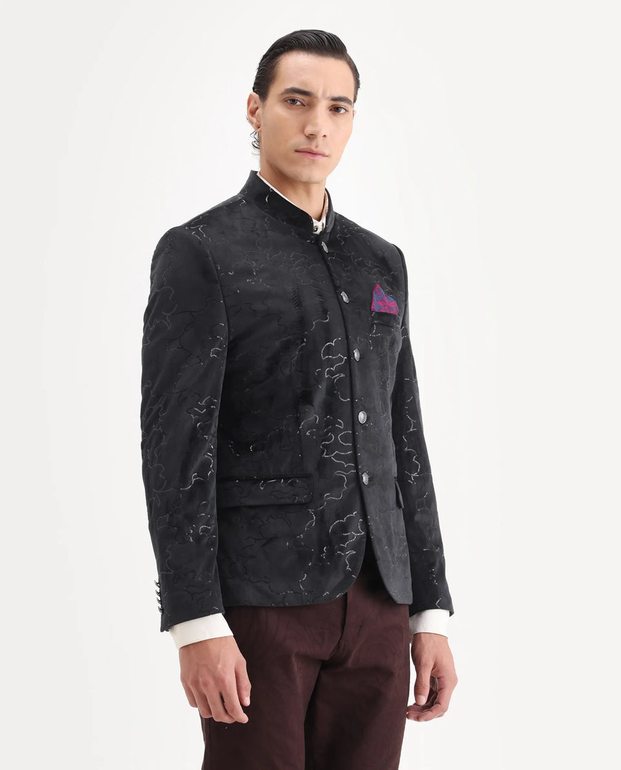 Rare Rabbit Men's Caldy Black Velvet Embellished Tailored Fit Full Sleeve Mandarin Collar Bandhgala Jodhpuri