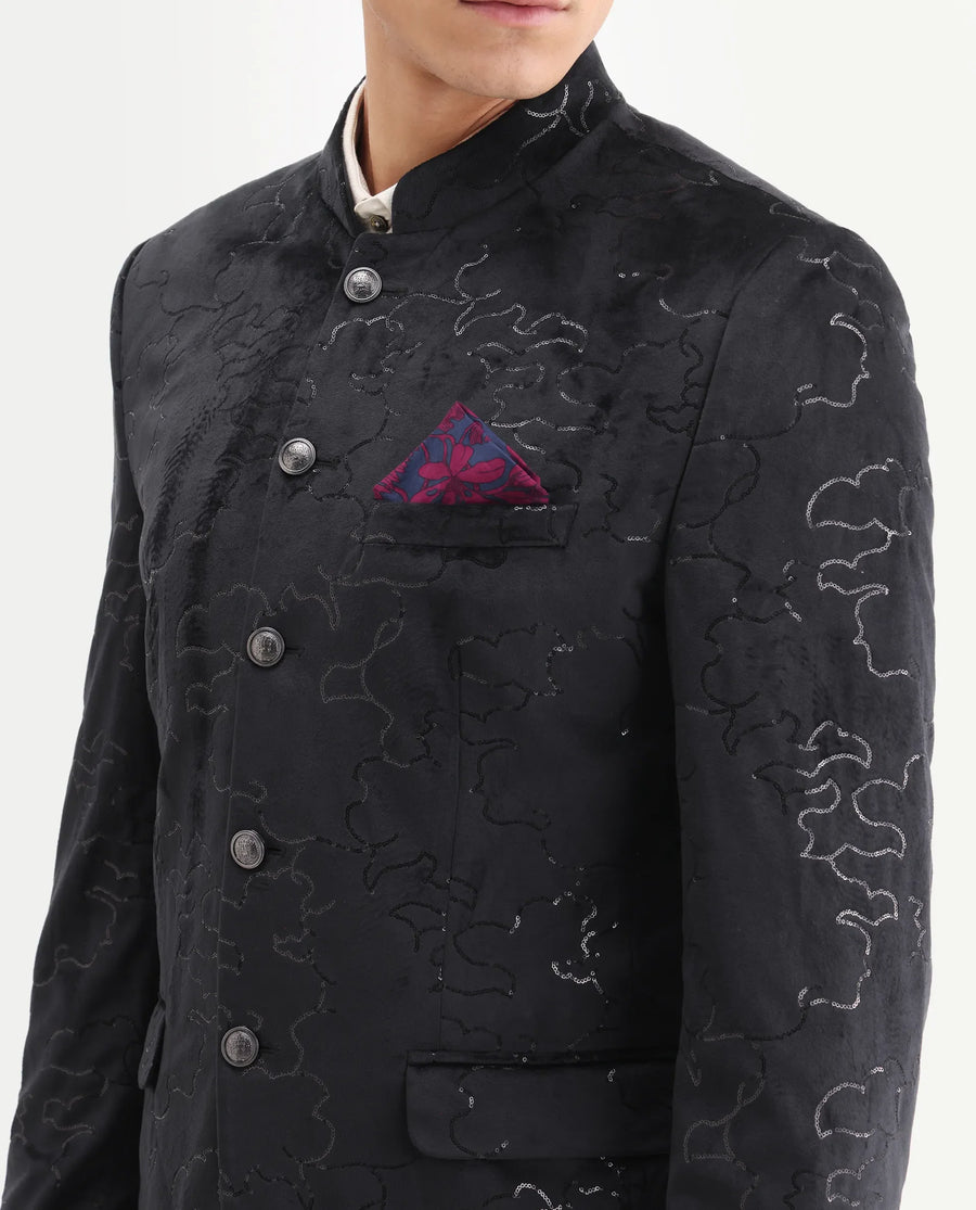 Rare Rabbit Men's Caldy Black Velvet Embellished Tailored Fit Full Sleeve Mandarin Collar Bandhgala Jodhpuri