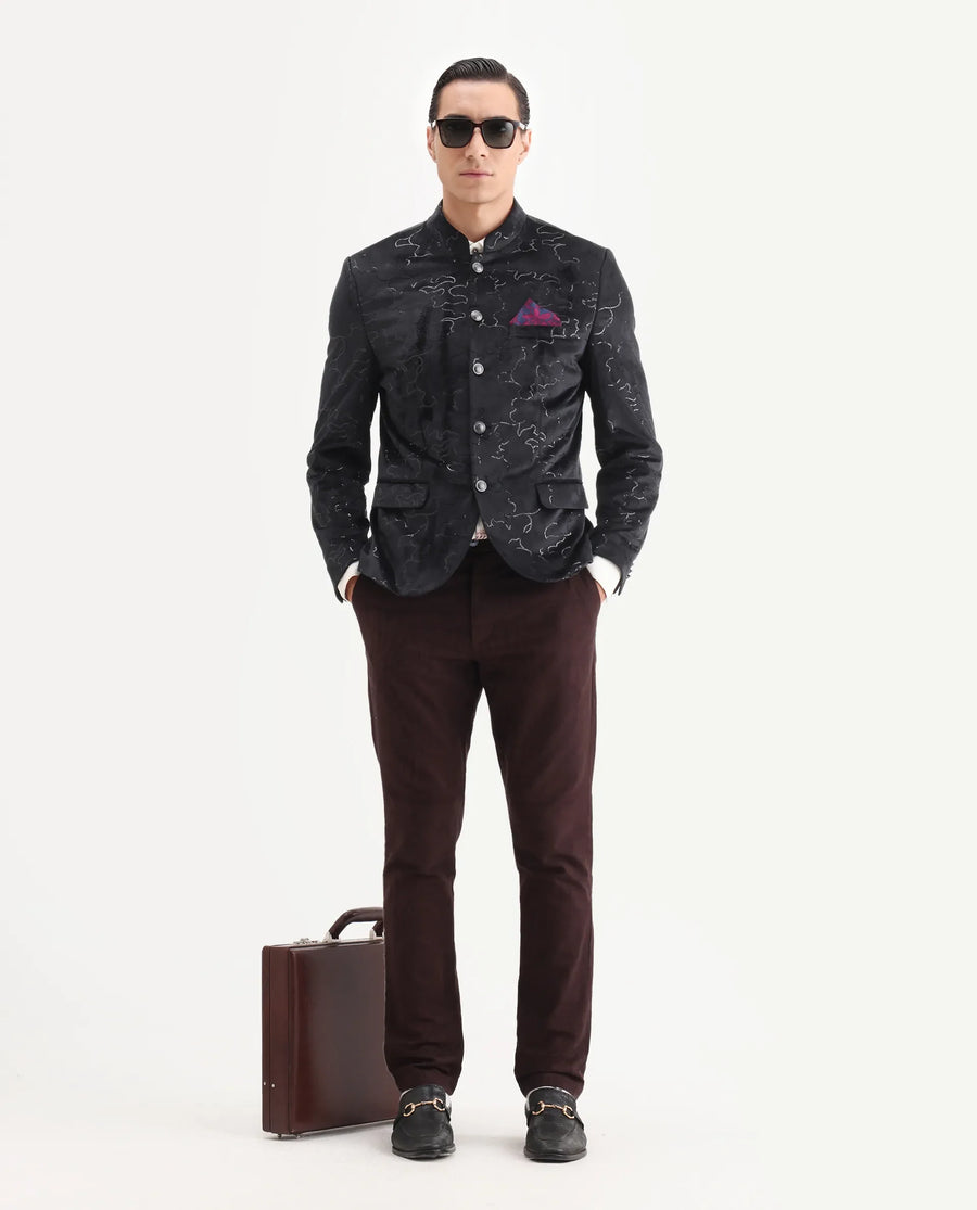 Rare Rabbit Men's Caldy Black Velvet Embellished Tailored Fit Full Sleeve Mandarin Collar Bandhgala Jodhpuri