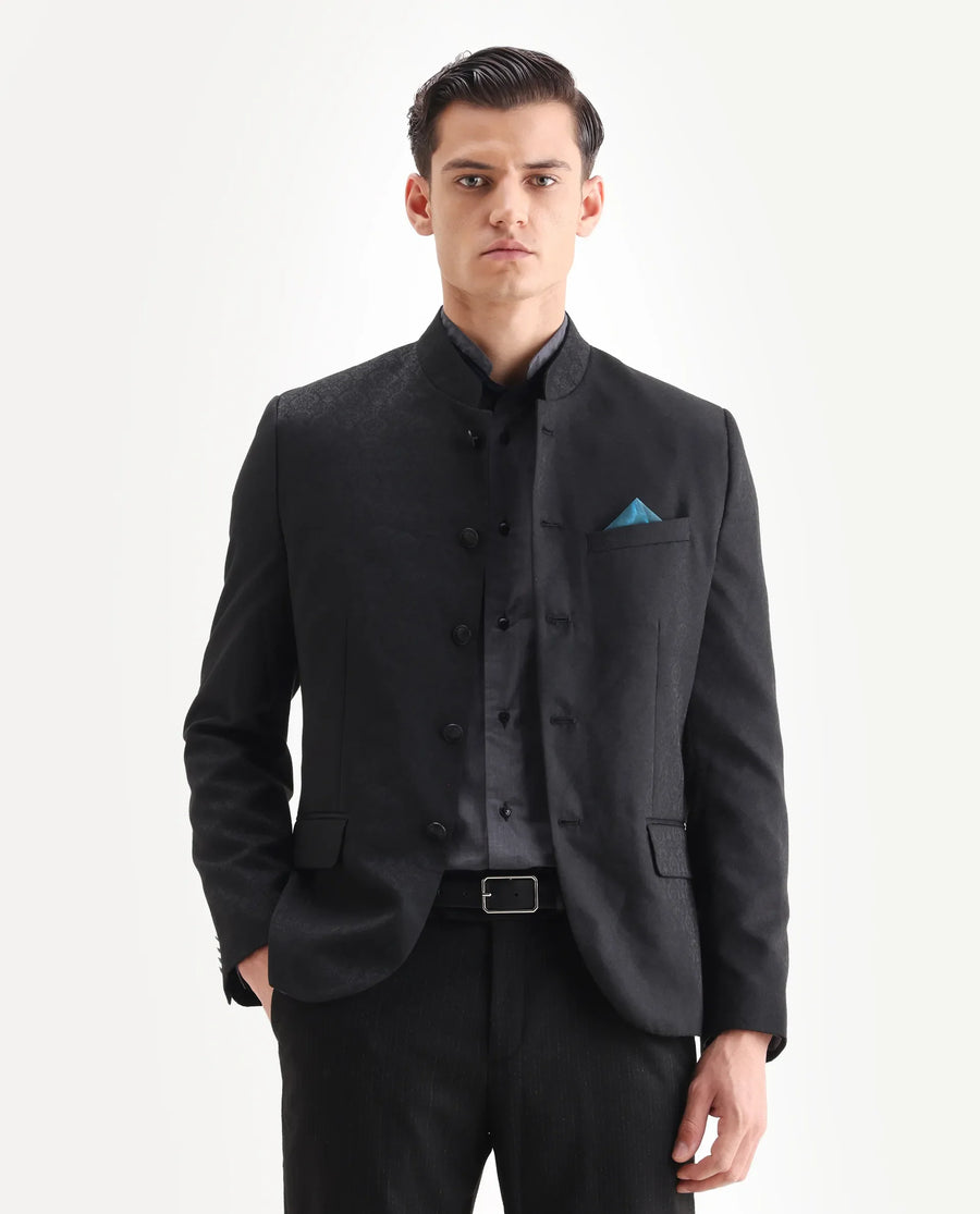 Rare Rabbit Men's Utica Black Polyester Jacquard Tailored Fit Full Sleeve Mandarin Collar Bandhgala Jodhpuri