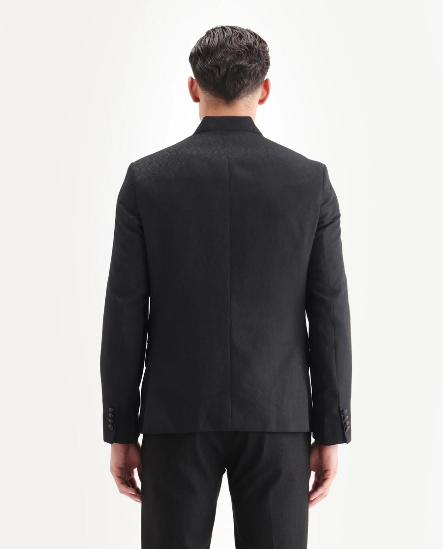 Rare Rabbit Men's Utica Black Polyester Jacquard Tailored Fit Full Sleeve Mandarin Collar Bandhgala Jodhpuri
