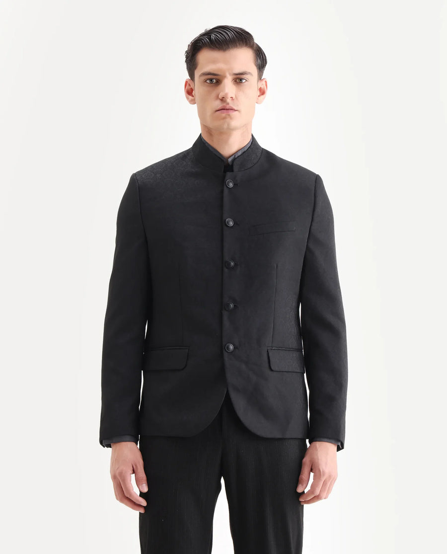 Rare Rabbit Men's Utica Black Polyester Jacquard Tailored Fit Full Sleeve Mandarin Collar Bandhgala Jodhpuri